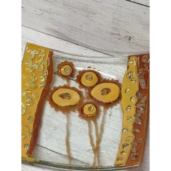 GLASS ART TRINKET TRAY- yellow, flowers, handmade. ESTERNO - Picture 2 of 4